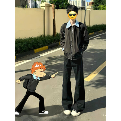 冬季加绒黑色高街微喇牛仔裤男