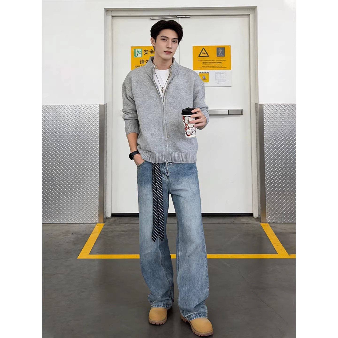 灰色拉链开衫毛衣男款春季复古慵懒风立领针织衫cleanfit正肩外套