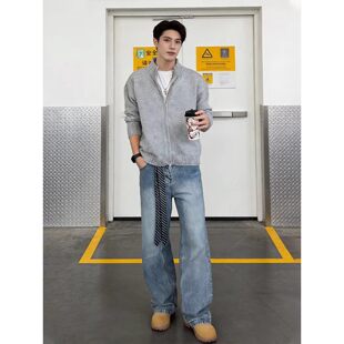 灰色拉链开衫毛衣男款春季复古慵懒风立领针织衫cleanfit正肩外套