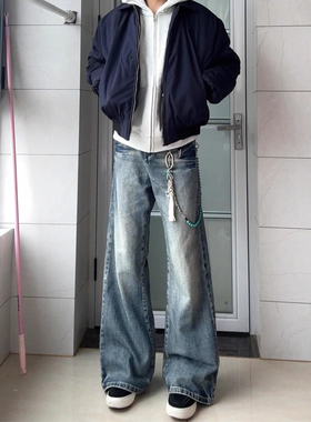 cleanfit蓝色闪电纹微喇牛仔裤男秋冬美式高街加绒裤子阔腿弯刀裤