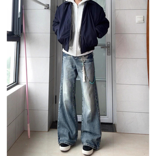 cleanfit蓝色闪电纹微喇牛仔裤男秋冬美式高街加绒裤子阔腿弯刀裤