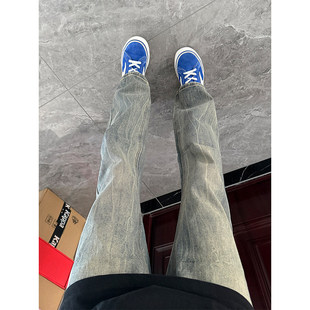 蓝色水洗闪电纹牛仔裤男款美式高街vibe风显瘦裤子修身直筒微喇裤