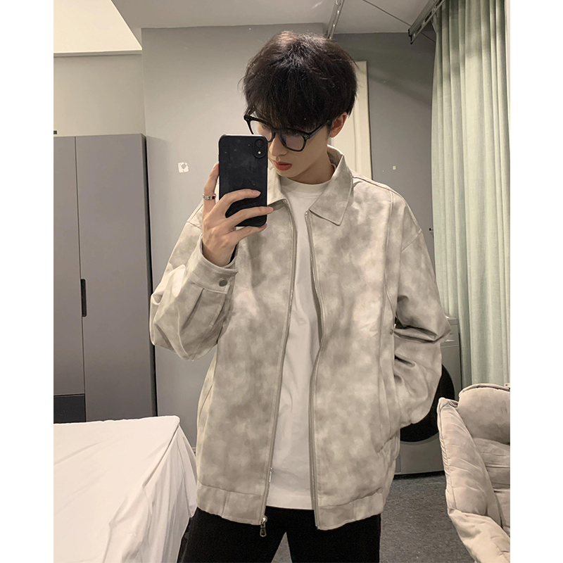 美式复古扎染皮衣外套男高级感