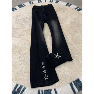 显瘦直筒裤 美式 子修身 男秋冬加绒vibe微喇裤 高街五角星刺绣牛仔裤