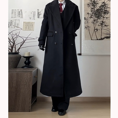 黑色正肩毛呢大衣男女秋冬季