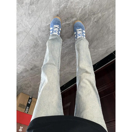 浅蓝色窄版直筒牛仔裤男款cleanfit裤子显腿长显瘦美式高街微喇裤