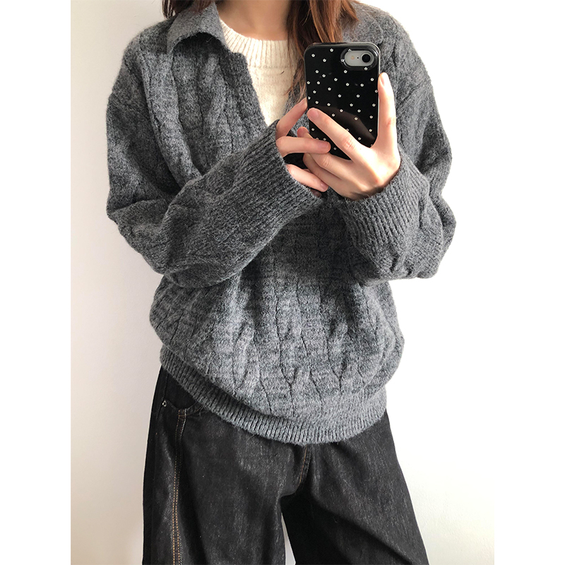 老钱风假两件v领针织衫