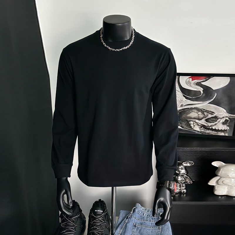 纯黑色小领口长袖t恤男春秋季