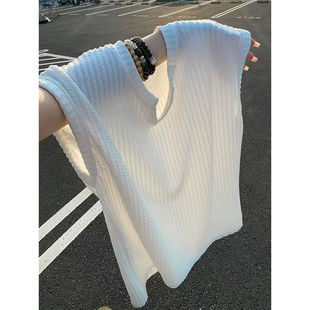 白色肌理感V领背心男款夏季薄款透气凉感无袖t恤美式健身运动汗衫