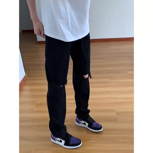 黑色膝盖破洞牛仔裤男款夏季美式高街vibe裤子直筒修身弯刀微喇裤