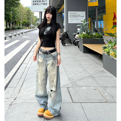 美式复古破洞牛仔裤男女夏薄款