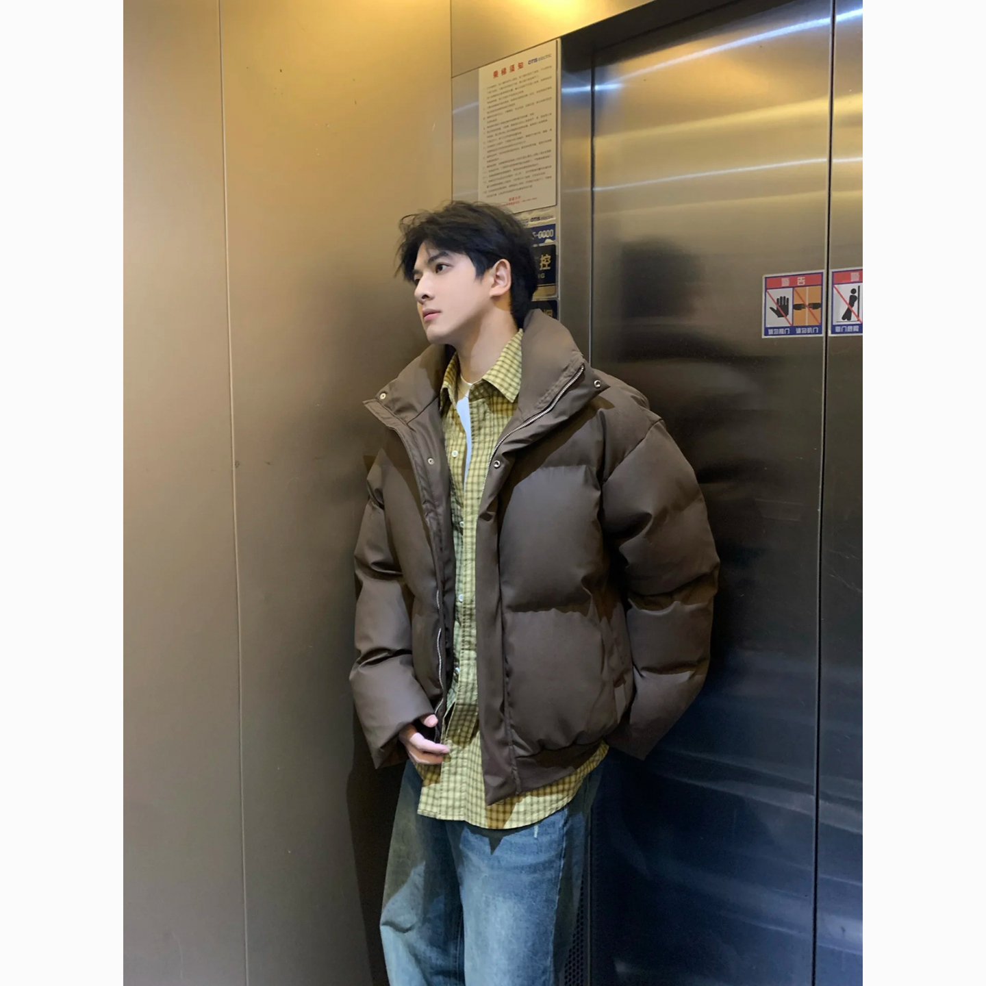 卡其色PU皮短款羽绒棉服男款冬季