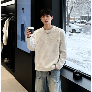 白花灰解构内搭打底衫男款秋冬加绒加厚无帽卫衣重磅美式长袖t恤