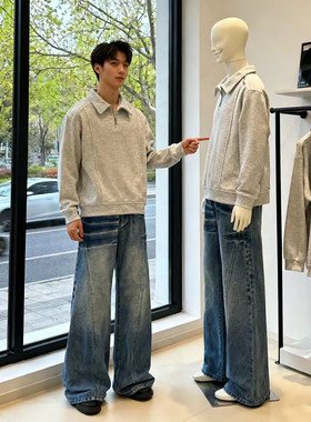 蓝色水洗闪电纹牛仔裤男款春季美式高街vibe裤子斜切微喇弯刀裤