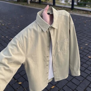 卡其色长袖衬衫男款春秋季穿搭水洗纯色工装衬衣cleanfit休闲外套