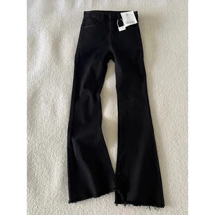 黑色窄版毛边微喇牛仔裤男春秋美式cleanfit高腰修身显瘦弯刀裤子