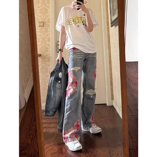 小众碎花拼接设计感破洞牛仔裤 男女美式 高街vibe直筒显瘦微喇长裤