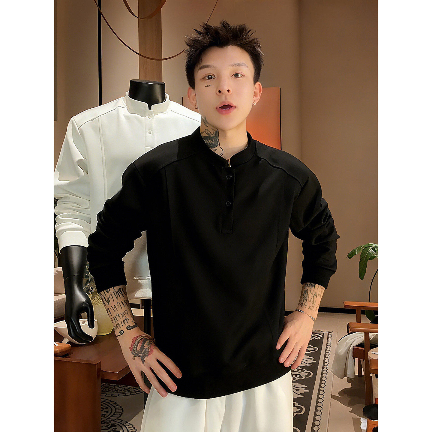 黑色解构正肩亨利领卫衣男春季boxy长袖t恤美式重磅修身显瘦上衣