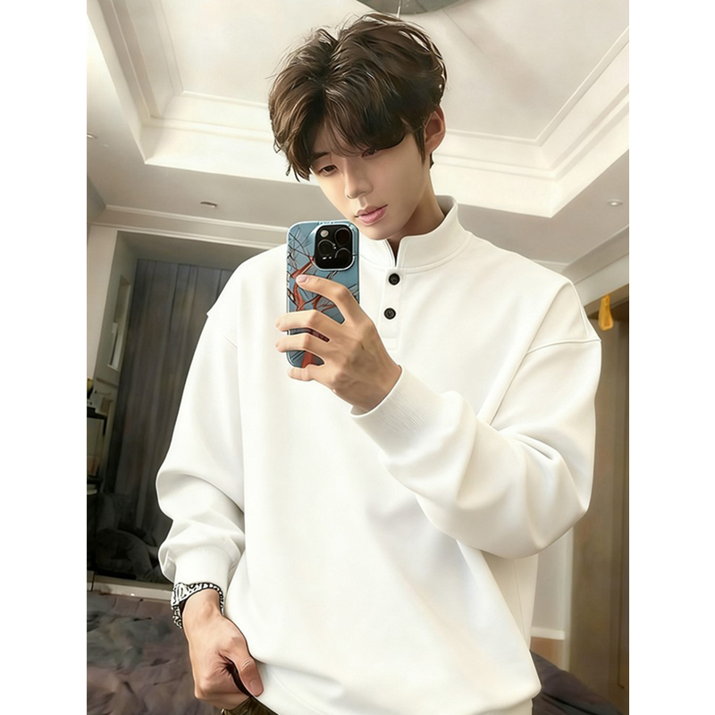 美式亨利领正肩长袖t恤男秋冬