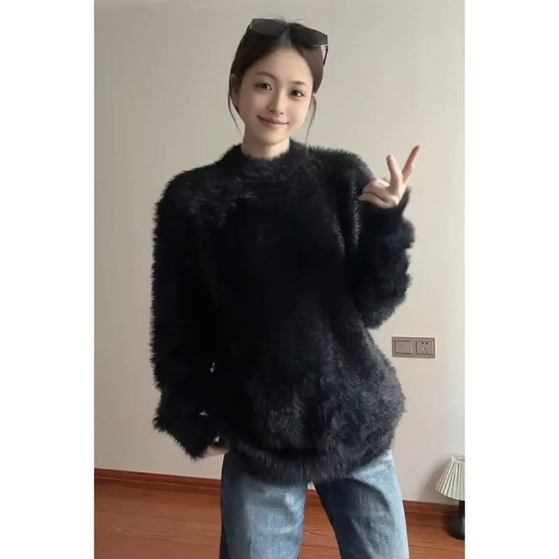 黑色松弛感水貂绒毛衣男冬季