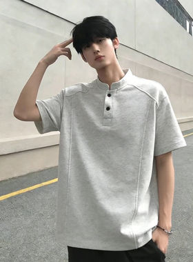 白灰色亨利领短袖T恤男款春夏重磅美式痞帅上衣cleanfit五分半袖
