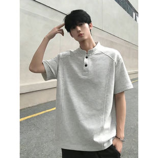 白灰色亨利领短袖T恤男款春夏重磅美式痞帅上衣cleanfit五分半袖