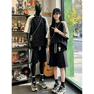美式扎染撞色条纹运动套装男款夏季青少年休闲两件套黑色短袖短裤