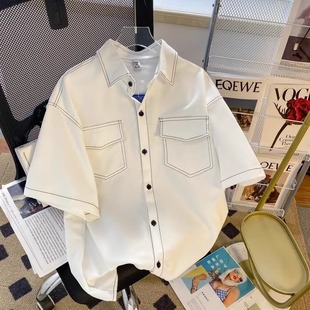 日系ins复古短袖衬衫男夏季潮牌帅气百搭宽松小众半袖青少年衬衣