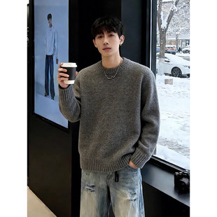深灰色美式圆领毛衣男款秋冬加绒加厚针织衫保暖内搭打底低领线衣