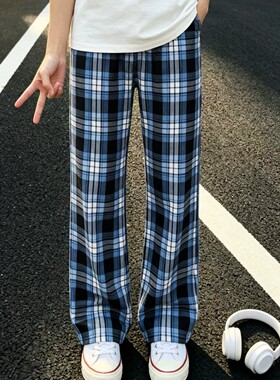 冰蓝色冰丝格子裤子男款夏季直筒微喇弯刀裤子美式速干运动休闲裤