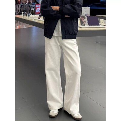 白色美式百搭微喇男牛仔裤