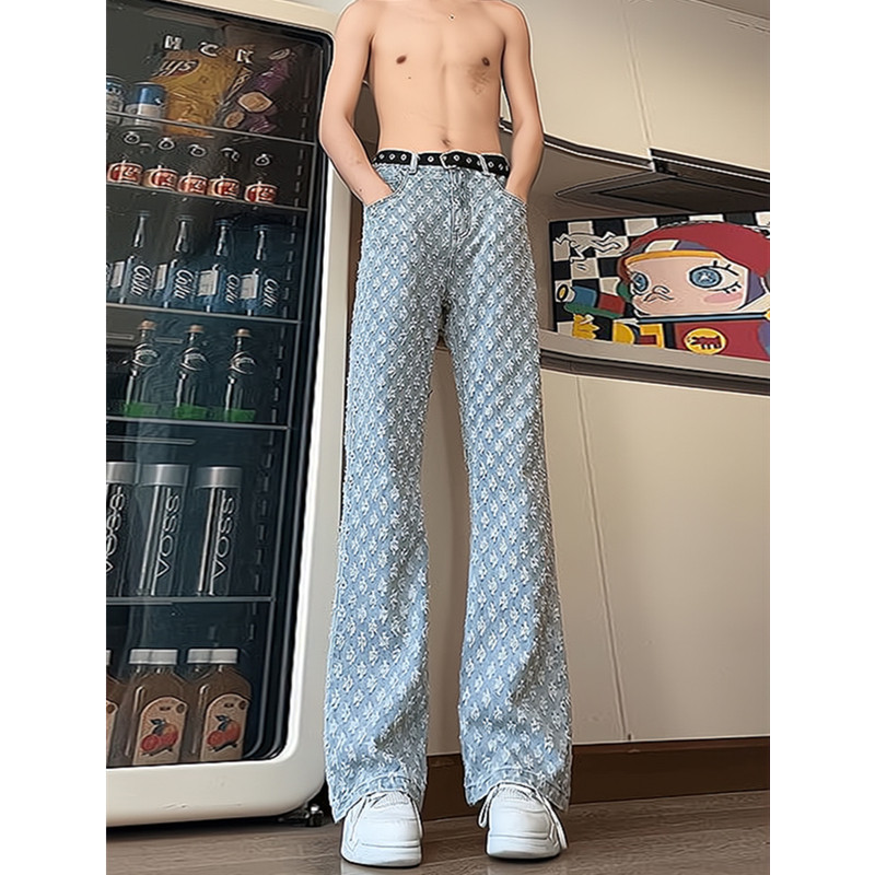 浅蓝色提花牛仔裤男秋季潮牌痞帅炸街裤子美式高街vibe直筒微喇裤