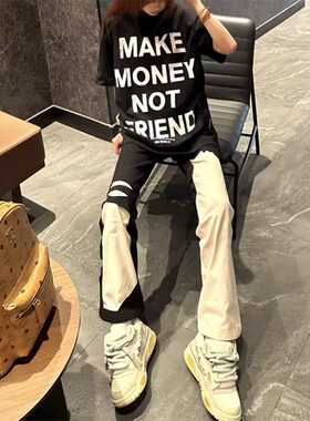 美式高街vibe风裤子黑白拼接破洞