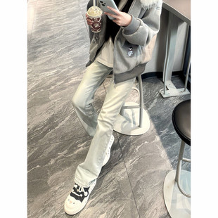 美式水泥烟灰色微喇牛仔裤男女款cleanfit裤子高街修身显瘦直筒裤