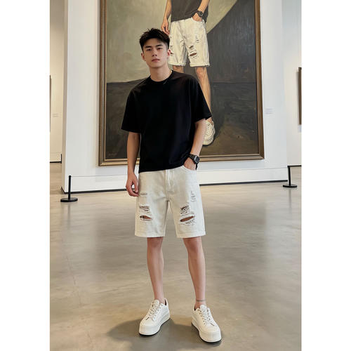 美式高街破洞牛仔短裤男直筒薄款