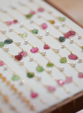 高档天然碧玺镶嵌14K包金手链小奢品红碧玺绿碧玺糖果色配饰品