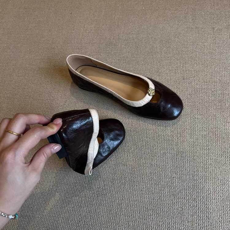 羊皮版~小众山茶花平底单鞋女法式复古浅口圆头小香风玛丽珍鞋子,女鞋,浅口单鞋,淘宝优惠券,粉丝福利购,淘宝优惠卷