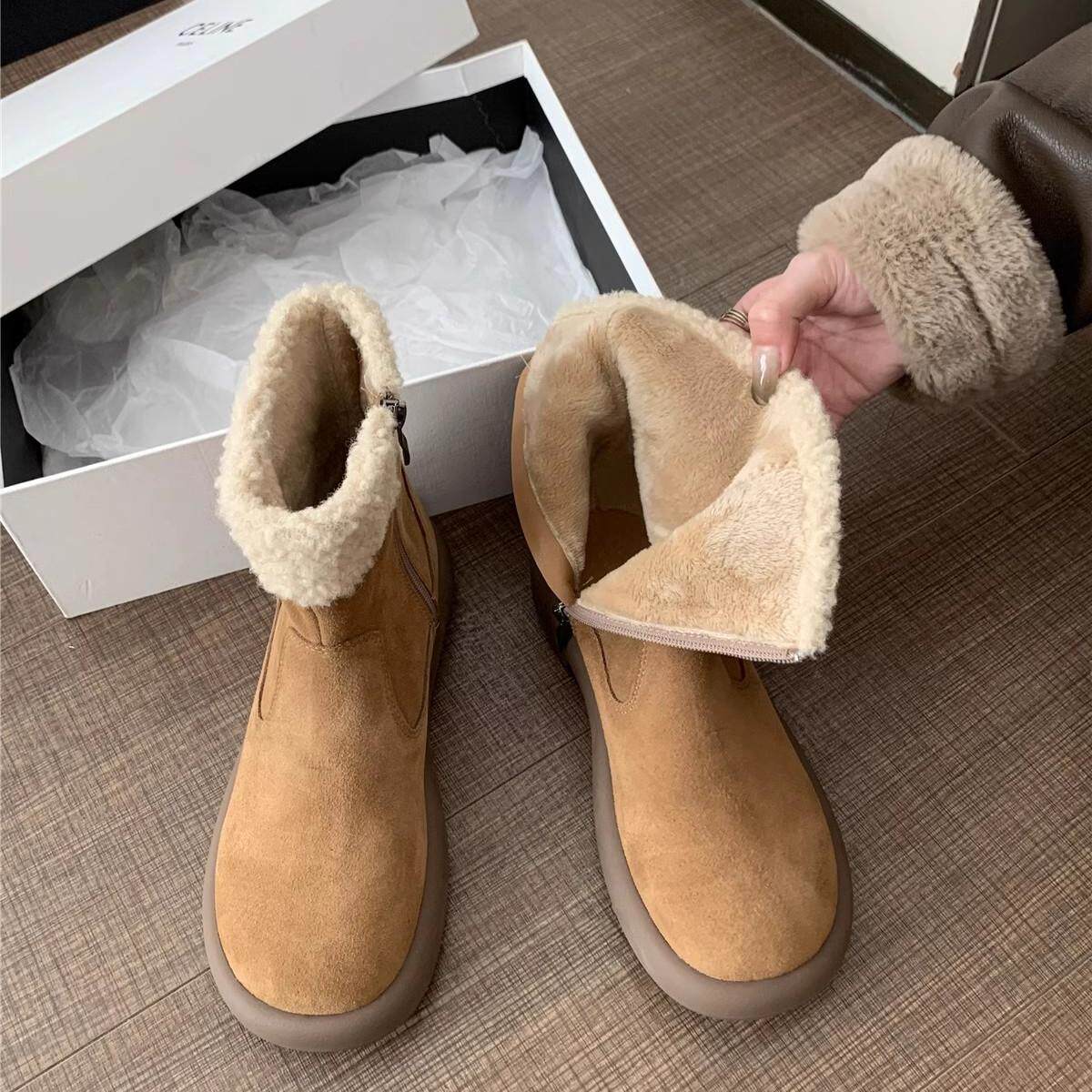 厚底真皮平底小短靴雪地靴女加绒勃肯靴秋冬季保暖东北棉鞋毛毛鞋,女鞋,时尚雪地靴,淘宝优惠券,粉丝福利购,淘宝优惠卷