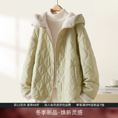 休闲连帽毛绒拼接棉服外套