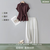 衬衫 女款 直筒裤 春季 一整套 套装 IHIMI海谧莱赛尔醋酸亚麻绑带短袖