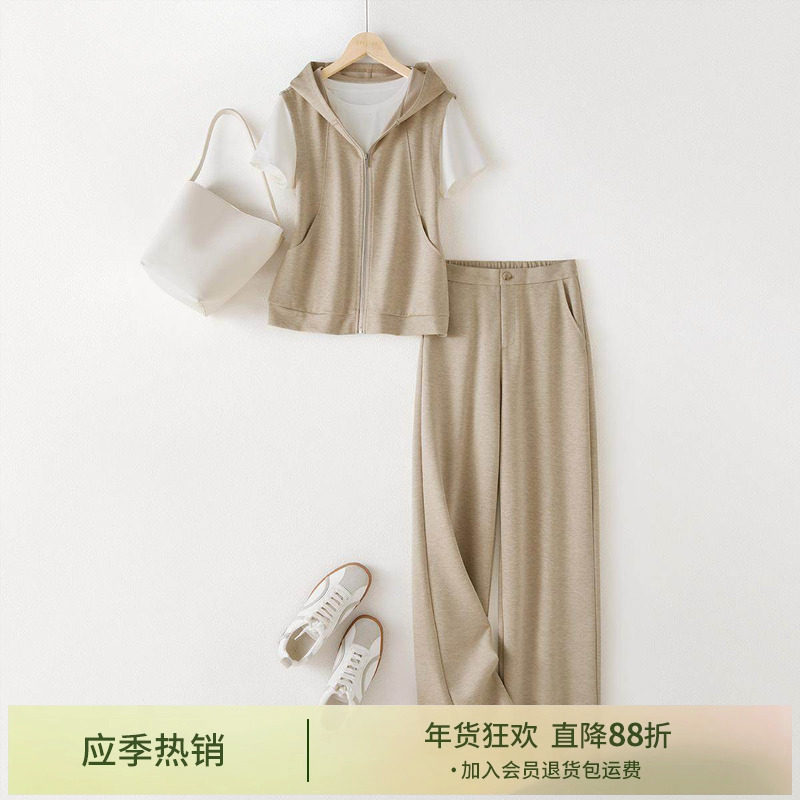 IHIMI海谧时髦马甲外套直筒裤两件套女2025夏季新款短袖开衫裤套,女装/女士精品,时尚套装,淘宝优惠券,粉丝福利购,淘宝优惠卷