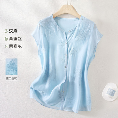 IHIMI海谧蚕丝汉麻绣花衬衫女