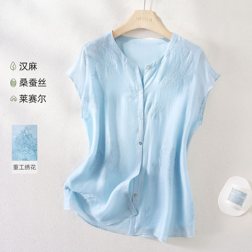 IHIMI海谧蚕丝汉麻绣花衬衫女
