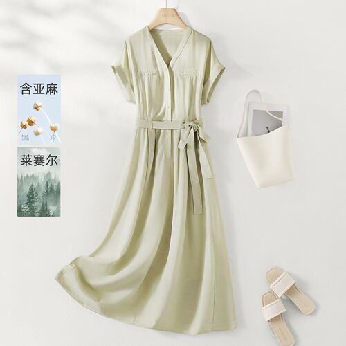 IHIMI海谧亚麻天丝V领连衣裙