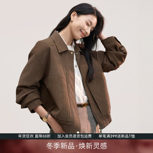 IHIMI海谧复古麓皮工装皮夹克冬季时髦翻领肌理显瘦短款夹克外套