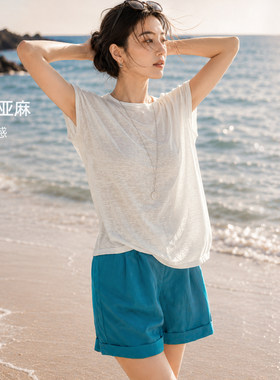 IHIMI亚麻孔雀蓝套装夏季新款