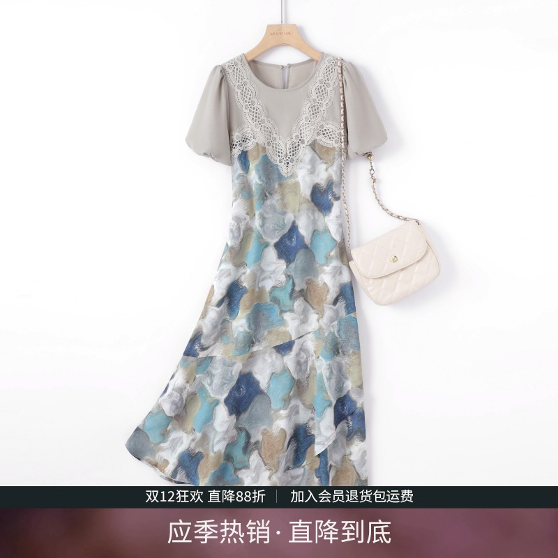 假两件拼接印花显瘦连衣裙