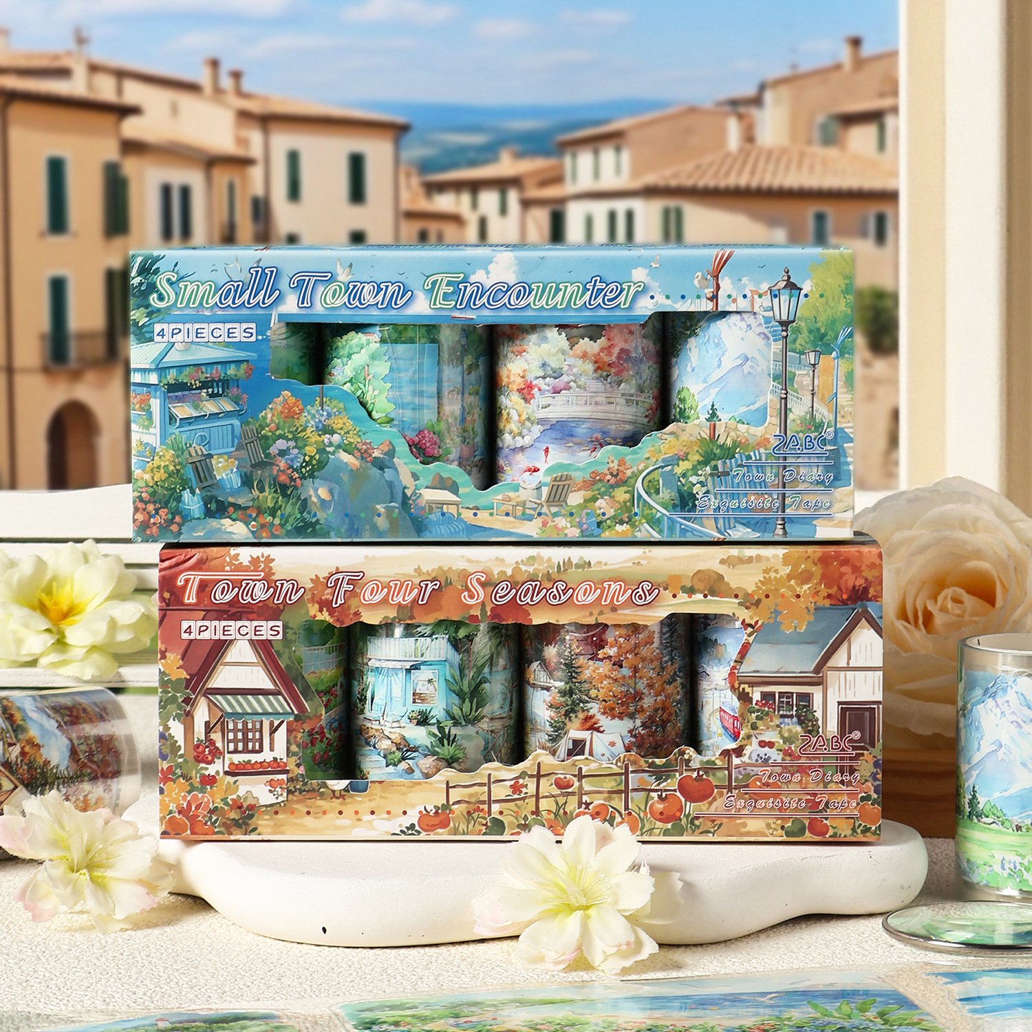 小镇日志透明防水pet胶带套盒diy手账日记造景贴画跨境田园街景贴