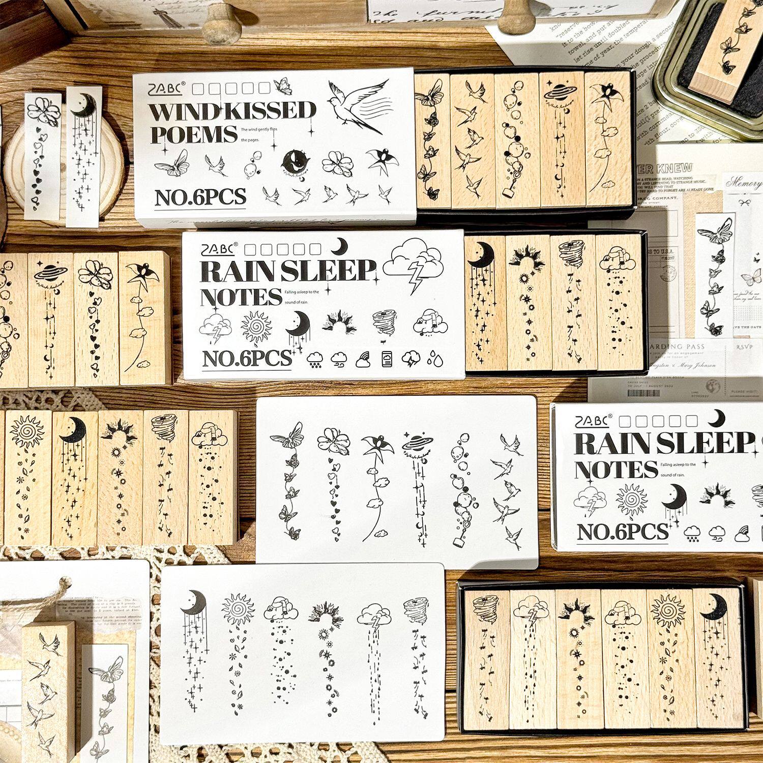 墨羽情书木质印章套盒diy手账日记装饰印画跨境复古榉木生活印章