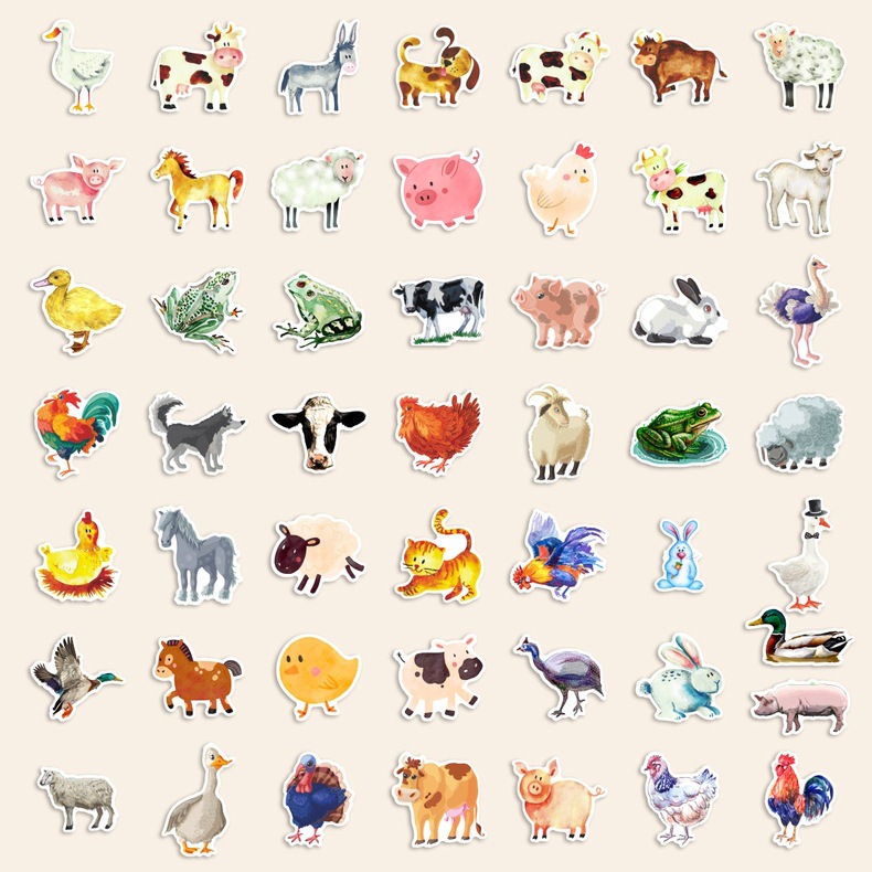 50张复古守旧水彩农场动物牲畜贴纸防水儿童认知卡通文具sticker